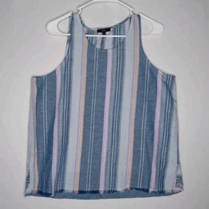 Drew Anthro Tank Women Large Linen Blend Blue Multicolor Stripe Scoop Fringe - Picture 1 of 8