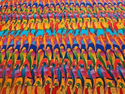 LAUREL BURCH Jungle Songs for Clothworks PARROTS 1/2 Yard 19x42 Bright Colors - Image 1 of 2