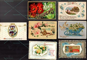 POSTCARD 7 Antique Vintage 1911 1917 + 1c stamps Best Wishes Happy Thoughts Kind - Picture 1 of 7