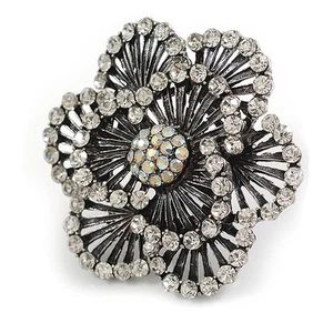 Crystal Blossom Oversized Ring in Aged Silver Tone - 60mm Diameter - Size 7/8 - Picture 1 of 6