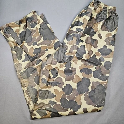 VTG Columbia Duck Camo Rain Pants Mens Large PVC Nylon Elastic Waist Distressed - Image 1 of 4