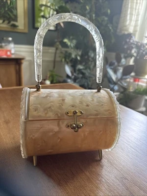 Vintage Pearlized Marbled Lucite Barrel Box Purse 1950s Clear Handle - Image 1 of 4