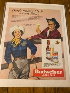 Vintage 1950 Budweiser Beer Cowboy & Cowgirl ad - Picture 1 of 1