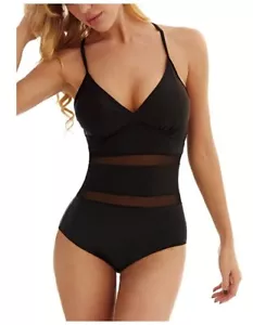 Lomitti Women's Retro Mesh One Piece Swimsuit Tummy Control, Black, L - Picture 1 of 2