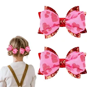 2 Pack Valentine's Day Bow Clips Sequin Heart Hair Clips Glitter Red Pink Hai... - Picture 1 of 7