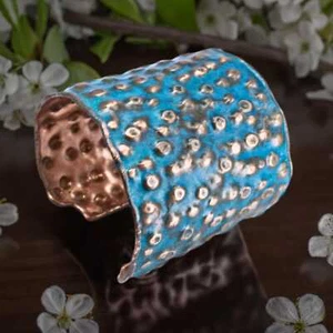 Solid Copper Verdigris Patina Cuff With Dimpled Texture & Asymmetrical Edging - Picture 1 of 10