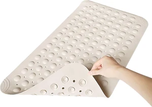 Non Slip Bath Mat for Tub Shower 15x27.5 Beige TPE with Suction Cups Drain Holes - Picture 1 of 8