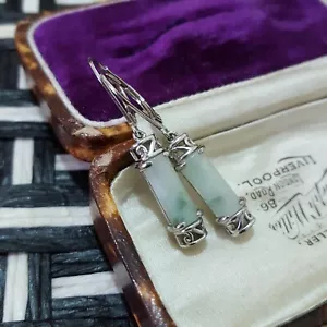 925 Sterling Silver Earrings, Natural Burmese Jadeite Gemstones Dangle - Picture 1 of 7