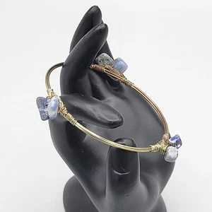 Wire Wrapped Gold Tone Bangle Bracelet Blue Aventurine Sodalite Stones Slip On - Picture 1 of 7