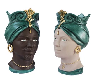 Pair of modern Moorish heads h37 cm in hand decorated Sicilian ceramic dec.02 - Picture 1 of 5