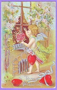CUPID KNOCKING ON THE WINDOW VALENTINES GREETINGS POSTCARD - Picture 1 of 1