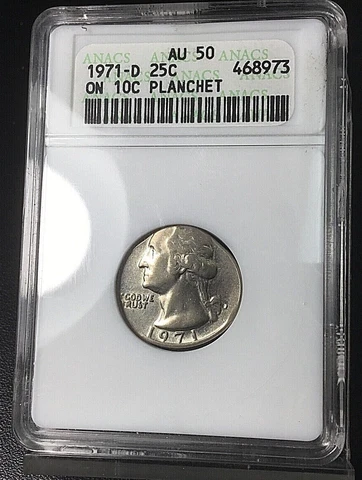 Mint error 1971-D Quarter on 10C Dime ~ Old ANACS CHICKLETT SLAB AU50 Cover