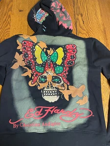 Ed Hardy Bejeweled Skull Butterfly Hoodie Christian Audigier Med - Picture 1 of 9