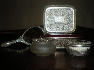 Antique International Company Silver Mirror Jewelery box powder glass bowl - Imagen 1 de 11