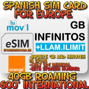 eSIM TUMOVIL PREPAID SIM CARD 40GB ROAMING EUROPE 600' INTERNATIONAL (ORANGE) - Photo 1 sur 1