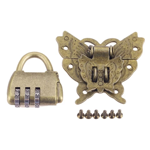 1 Set Zinc Alloy Butterfly Jewelry Box Latch Clasp w/ Password Padlock Lock Key Cover