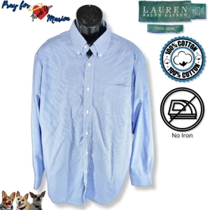 Lauren Ralph Lauren 18 35/37 Non Iron Blue White Micro Gingham Cotton w/Pocket - Picture 1 of 9