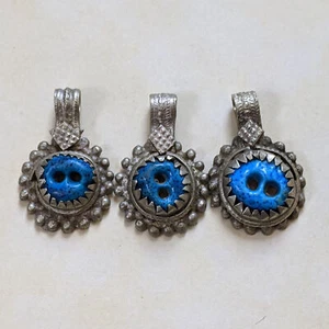 3 Vintage Afghan Pendants Blue Centers Talisman Jewelry Components (15452) - Picture 1 of 5