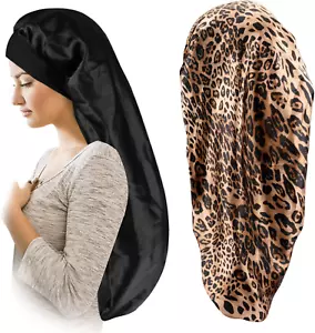 Satin Silky Braids Bonnet 2 Pack Breathable Soft and Elastic Black Leopard Long - Picture 1 of 7