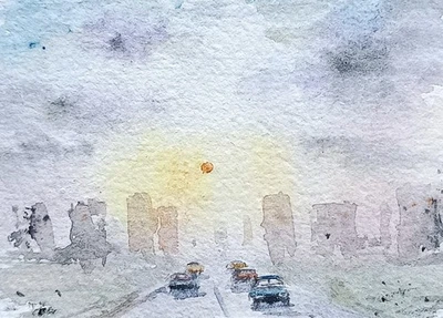 original watercolor painting ACEO Sunset town car Architecture Building Sky SIBY - Image 1 of 3