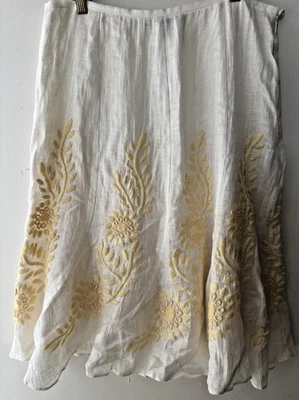 Lafayette 148 Midi Skirt sz 10 White Linen/Yellow Embroidered Flowers Zip Lined - Image 1 of 4