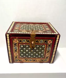 RARE Vintage Indian Red Ground Hand Painted Jewelry Curio Chest - Picture 1 of 10