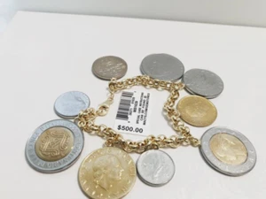 Precious Metals Sterling Silver Vermeil TT Lira 7.5 inch Coin Bracelet - New - Picture 1 of 1
