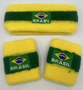 NWOT Brasil Brazil Flag Terry Cloth Sweatband & Wrist Bands / Cuffs Set NEW - Picture 1 of 4