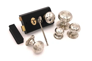 Door Rim Lock Old Victorian Black  with Choice of 5 Nickel Door Knobs Set (N) - Picture 1 of 10