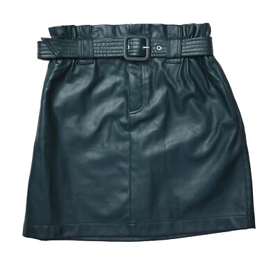 ZARA L Skirt Forest Emerald Green Faux Leather Paper Bag Belted Vegan Dark EUC - Image 1 of 4