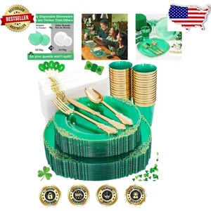 175-Piece Green Gold Disposable Party Plates Set for 25 Guests - Elegant Design - Picture 1 of 11