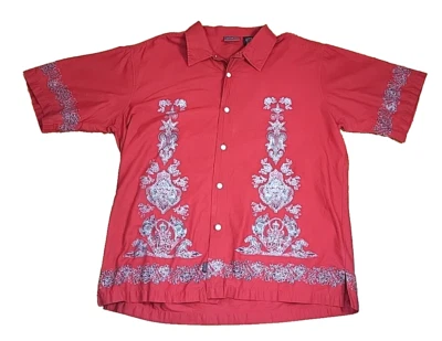Y2K Split Button Down Shirt Mens XL  Skater Red Oriental Buddha Vintage Surf - Image 1 of 4