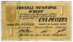 # SPAIN CIVIL WAR 1937 • OLOT 1 PESETA MUNICIPAL ☆ GUERRA CIVIL ESPAÑOLA ☆D1097 - Picture 1 of 2