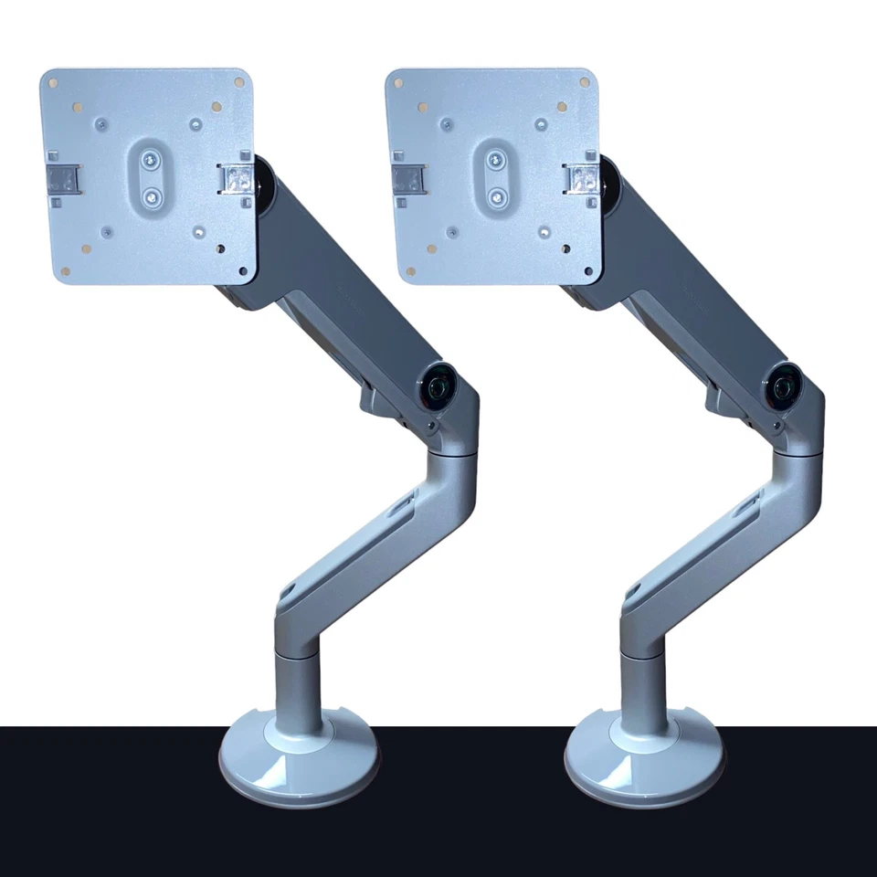 (2) HUMANSCALE M8 MONITOR ARMS DESK CLAMP MOUNT SILVER M8CS 8-40 LBS $1000+ MSRP - Image 1 of 4