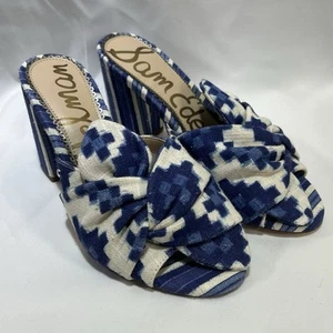 Sam Edelman Oda Ikat Print Blue & White Mules Block Heels Sandals Slides NEW - Picture 1 of 6