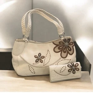 2 Piece Set RARE Brighton Cream White Pebbled Leather Floral Hobo & crossbody - Picture 1 of 14