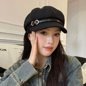 Korean Style Octagonal Hat Leather Buckle Painter Hat Retro Black Beret Ladies - Picture 1 of 12
