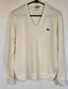 VINTAGE Izod Lacoste Pullover Sweater Mens Ivory 80's 90's V-Neck Made USA Med - Picture 1 of 11