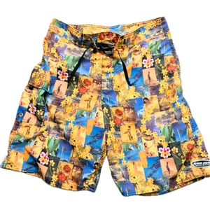Vtg Ron Jon Surf Shop Men Swim Board Summer Shorts Hawaiian Collage Yellow Sz 32 - Picture 1 of 10