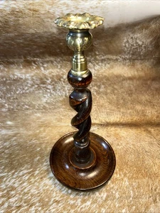 ONE Antique English Oak Open Barley Twist Candlesticks Candle Holders c. 1900 - Foto 1 di 13