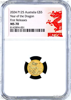 2024 Australia Bullion GOLD $5 Lunar Year of the Dragon NGC MS70 1/20oz Coin FR - Image 1 of 2