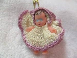 Vintage miniature plastic Baby Doll in hand crochet Dress - Picture 1 of 3