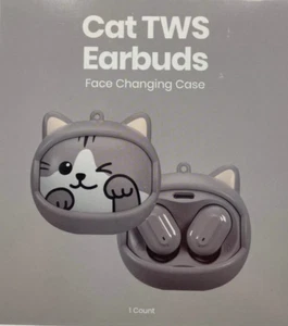 New Winking Cat TWS earbuds Headphones Gray Face Changing USBC 5 Hour Charge NEW - Zdjęcie 1 z 4