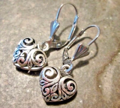 Silver Filigree Puffed Heart Earrings with Stainless Steel Leverbacks - Image 1 of 4
