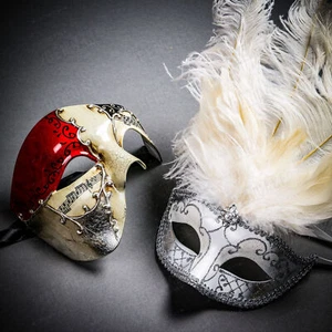 Phantom Musical Red Gold & Silver MardiGras White Tall Feather Couple Party Mask - Picture 1 of 1