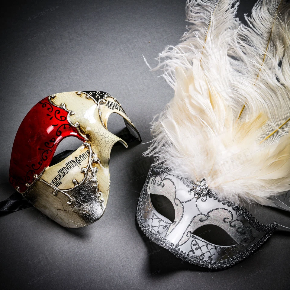 Phantom Musical Red Gold & Silver MardiGras White Tall Feather Couple Party Mask - Image 1 of 1