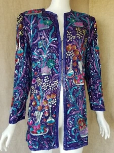 JUDITH ANN CREATIONS Womens Vintage jacket blazer purple sequins party holiday - Picture 1 of 19