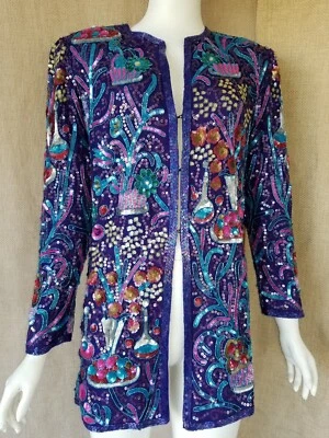 JUDITH ANN CREATIONS Mujer Vintage Chaqueta Blazer Púrpura Lentejuelas Fiesta Vacaciones Foto 1 de 4