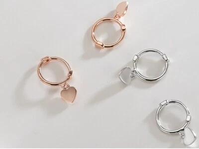 Women Girl Sterling Silver Dangle Heart Charm Small Hoop Stud Earrings Gift F28 - Image 1 of 4