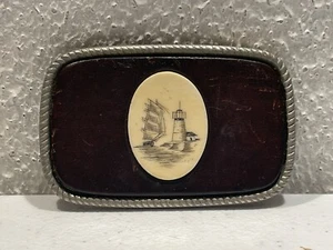Vintage Leather And Inlay Belt Buckle With Ship And Lighthouse #X5 - Picture 1 of 2